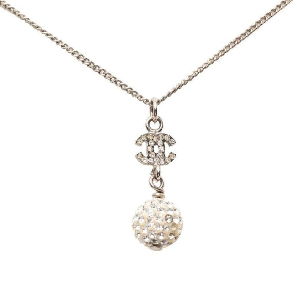 Chanel CC Logo Ball Motif Rhinestone Necklace Silver
